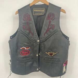 American Top Leather Biker Vest Black Purple Rose Inlay Harley Davidson Patches